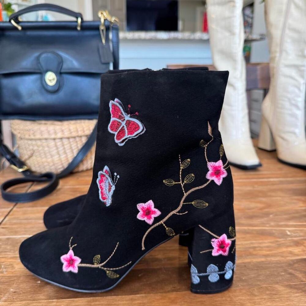 Nanette Lepore black “Lilly” embroidered Butterfly suede boots